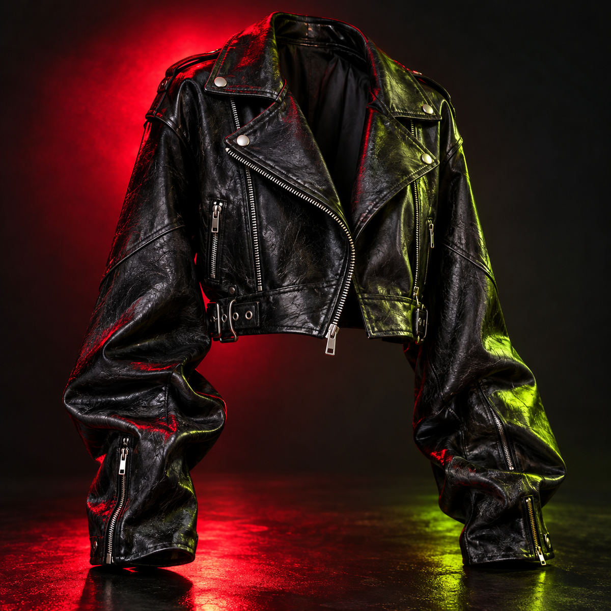Black cropped moto jacket with silver hardware
