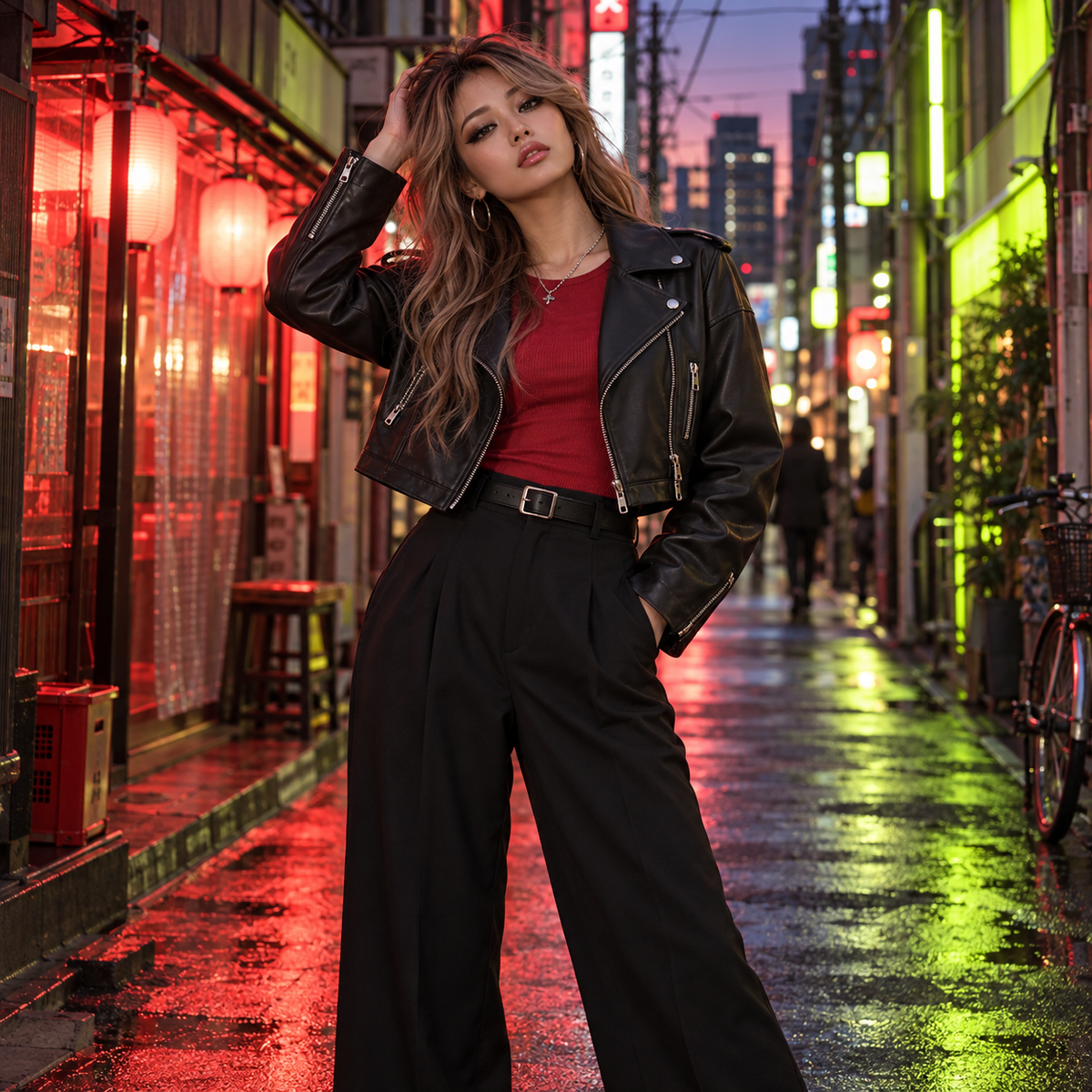 Alternative Gyaru outfit styling a black moto jacket in Tokyo