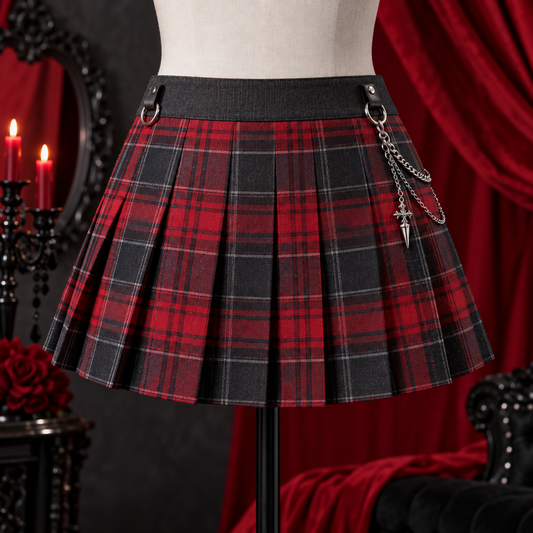 Crimson and charcoal plaid pleated skirt with silver chain