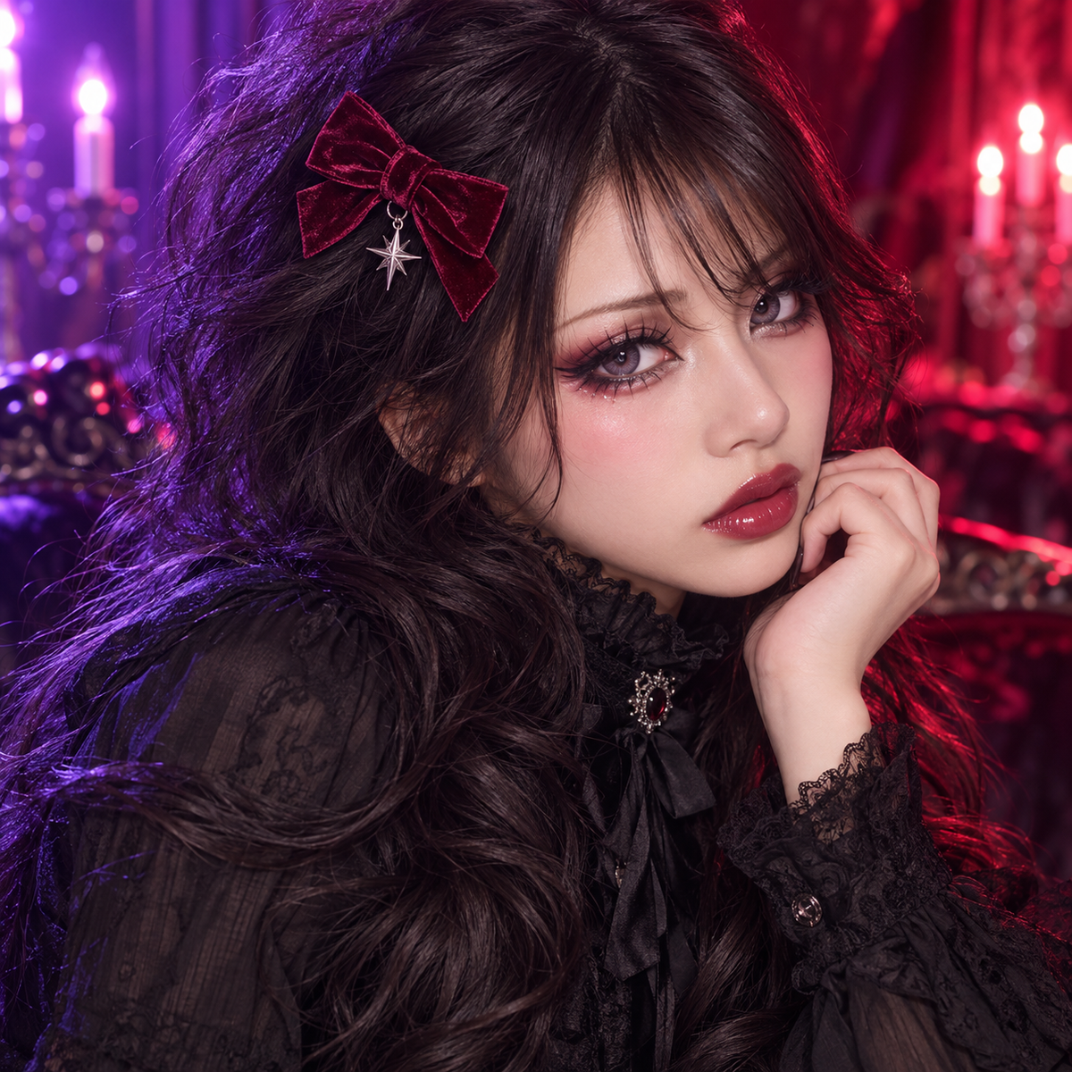Crimson velvet bow clip styled in a dramatic Gyaru hair look