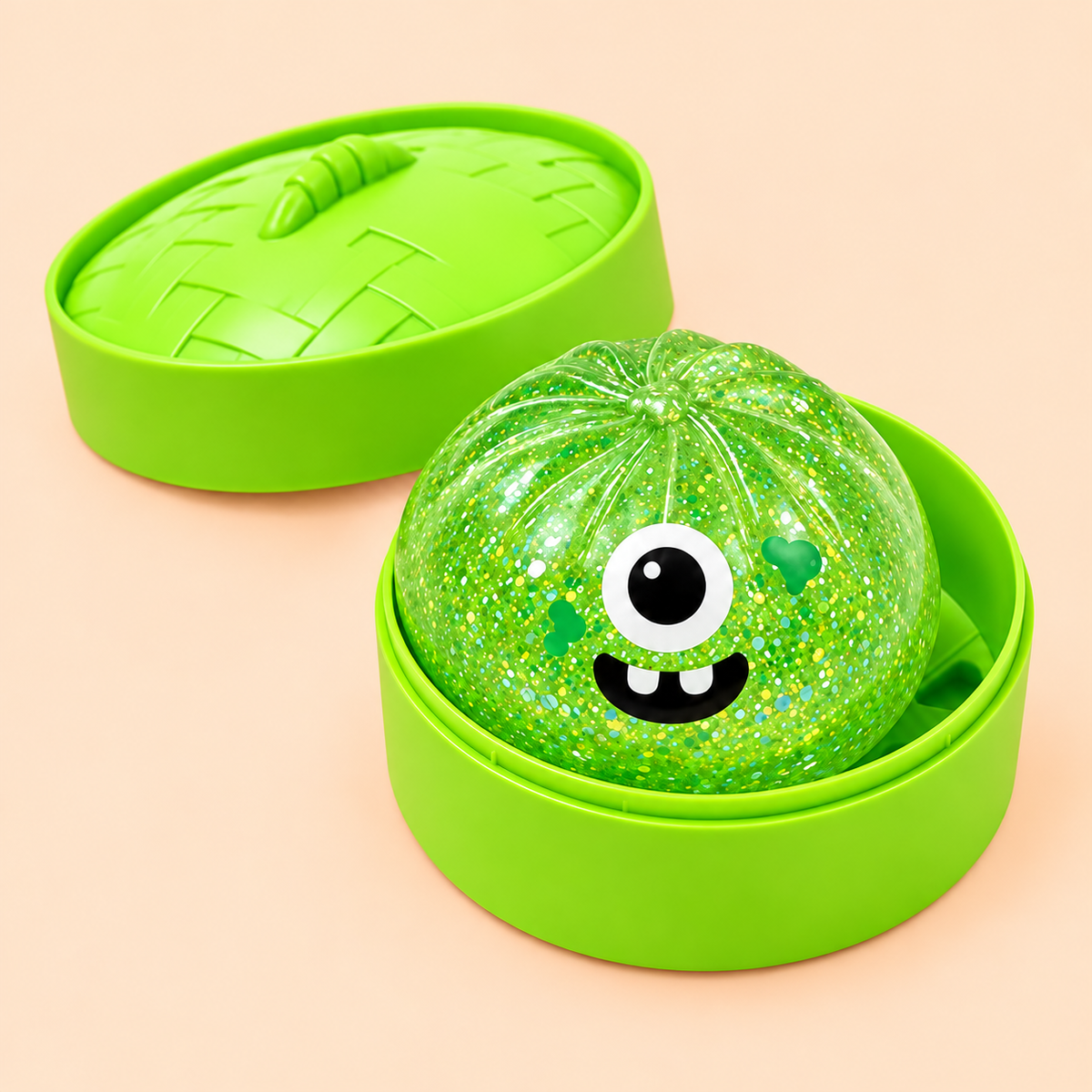 Three quarter view of the green Cyclops Dumpling Squishy