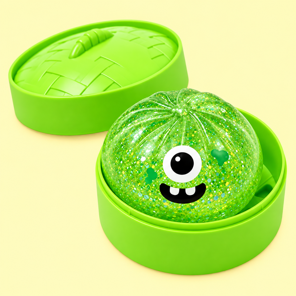 Close up of the single eye and two teeth on the Cyclops squishy