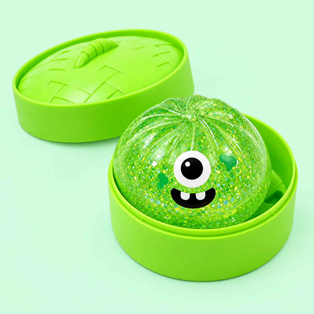 Cyclops green glitter dumpling squishy in its matching case