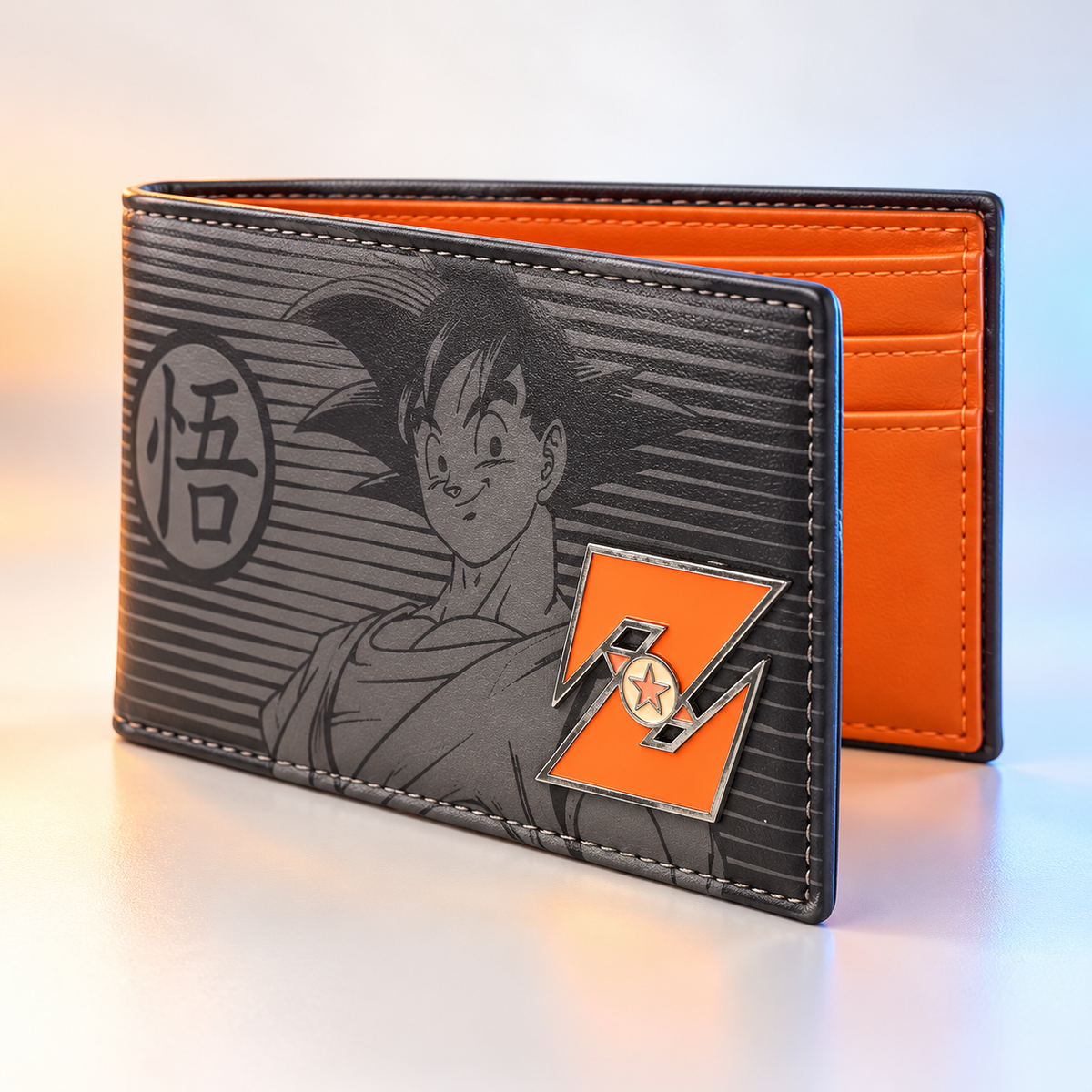 Angled DBZ Goku anime wallet showing its orange inner panel and monochrome Goku design