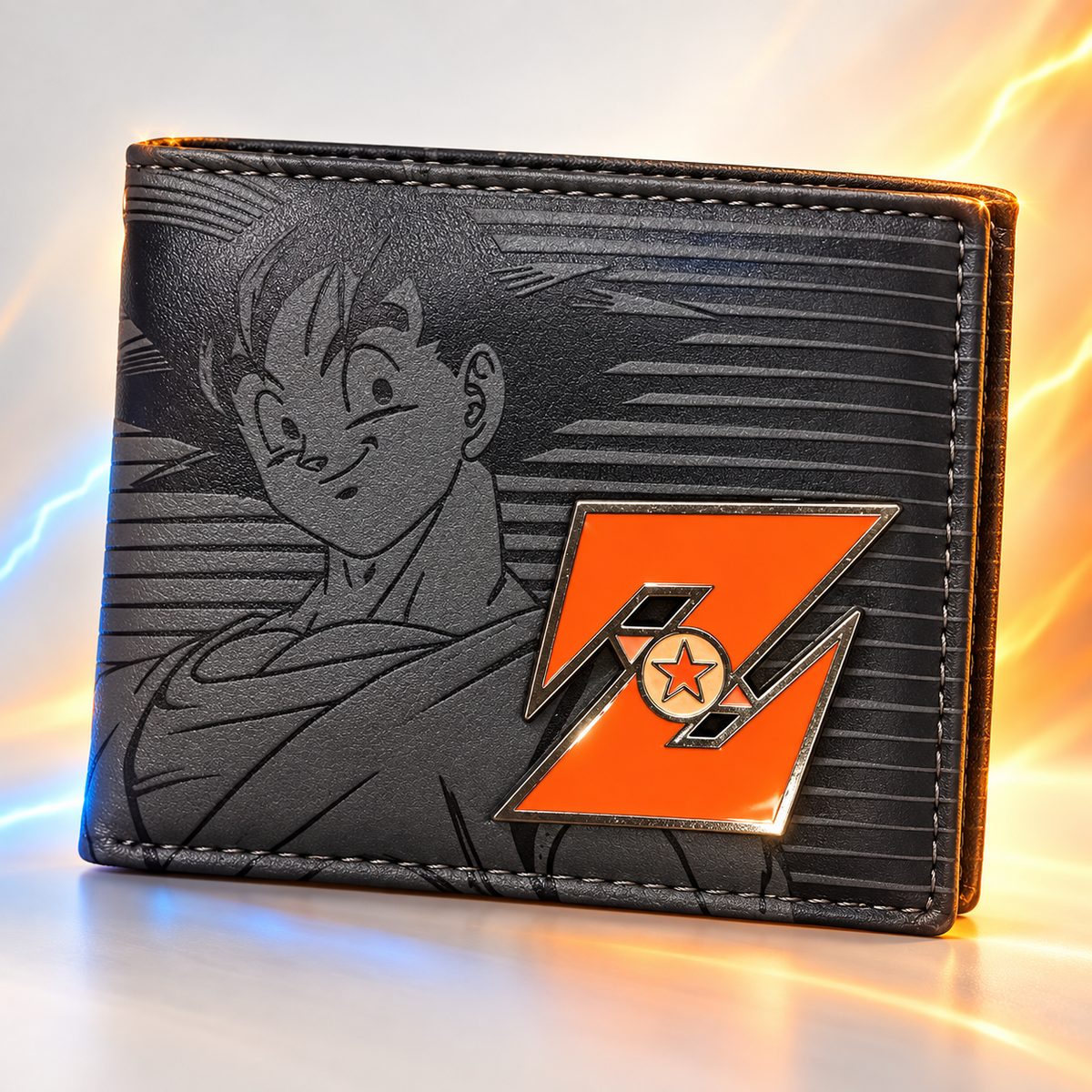 DBZ Goku anime wallet front view with charcoal artwork and orange emblem