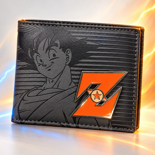 DBZ Goku anime wallet front view with charcoal artwork and orange emblem