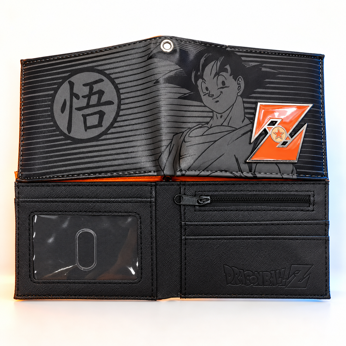Open DBZ Goku anime wallet with card slots, clear ID window and zip pocket