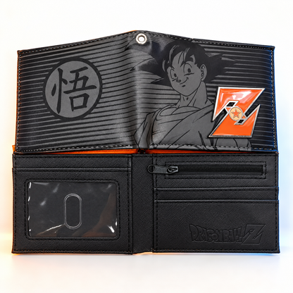 Open DBZ Goku anime wallet with card slots, clear ID window and zip pocket