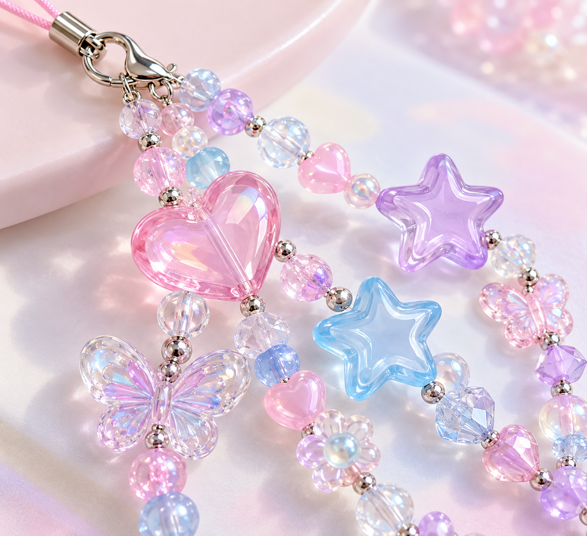 Close-up of translucent pastel beads and decorative charms on the Harajuku phone charm