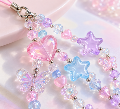 Close-up of translucent pastel beads and decorative charms on the Harajuku phone charm