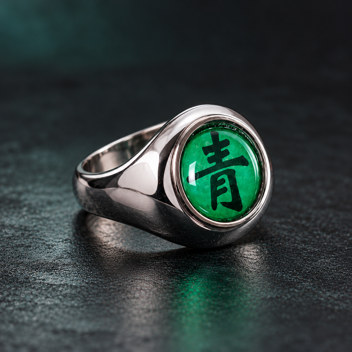 Three-quarter side angle of the silver-tone Deidara Ao ring