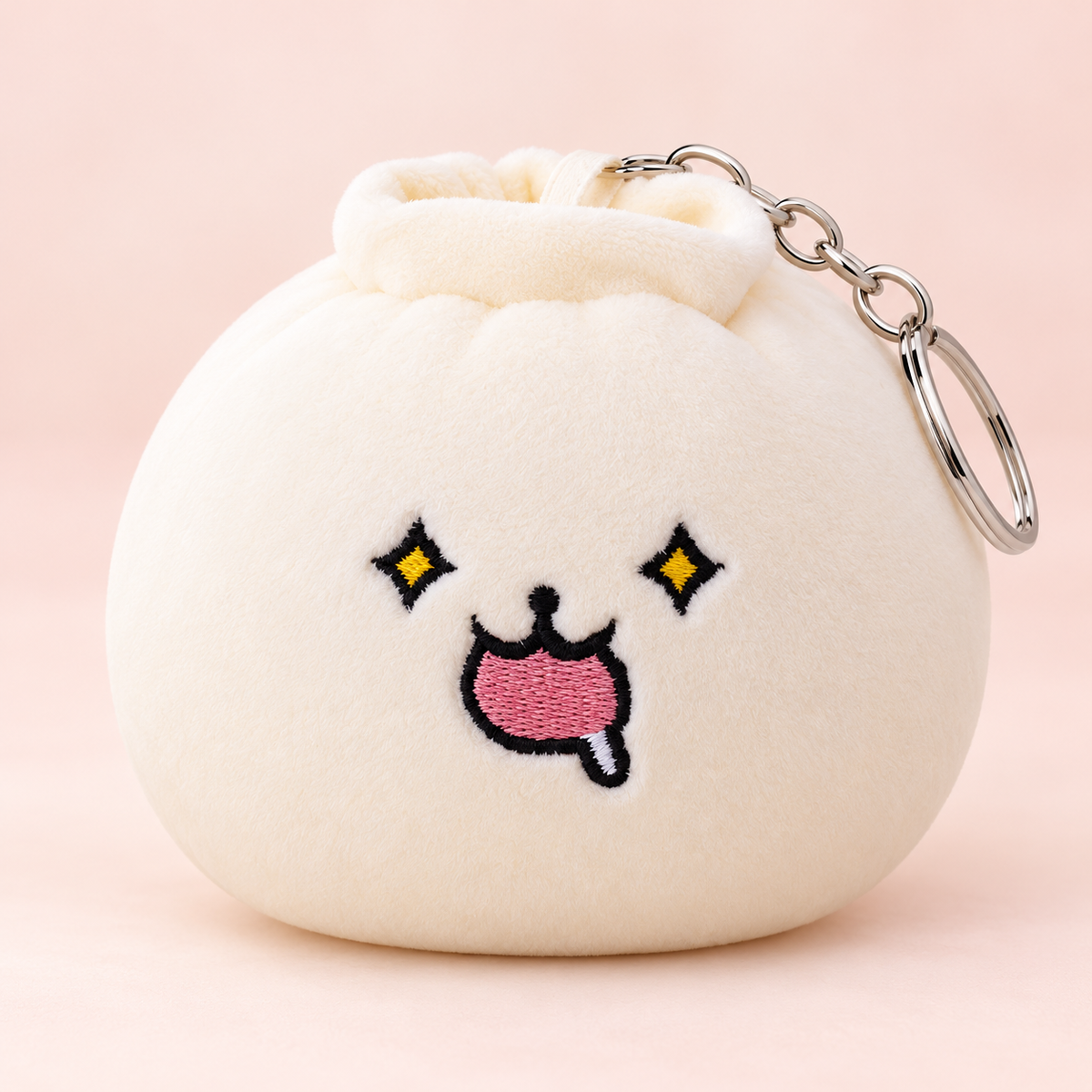 Drooling Squishy Dumpling Plush Keychain front view with silver key ring