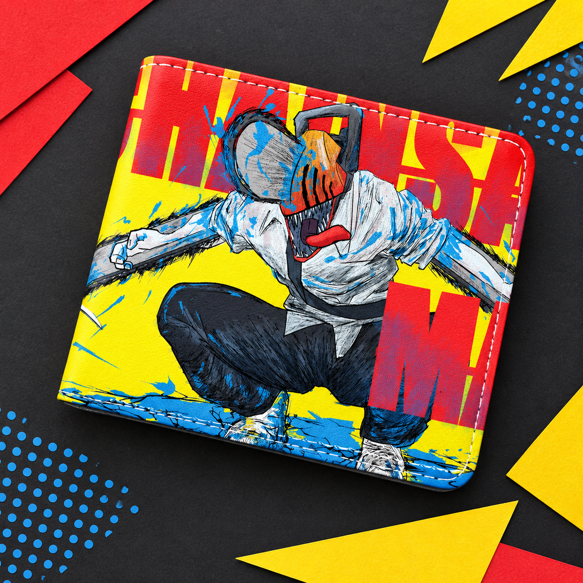 Overhead flat lay of the Denji Pop Art Anime Wallet on a charcoal graphic surface