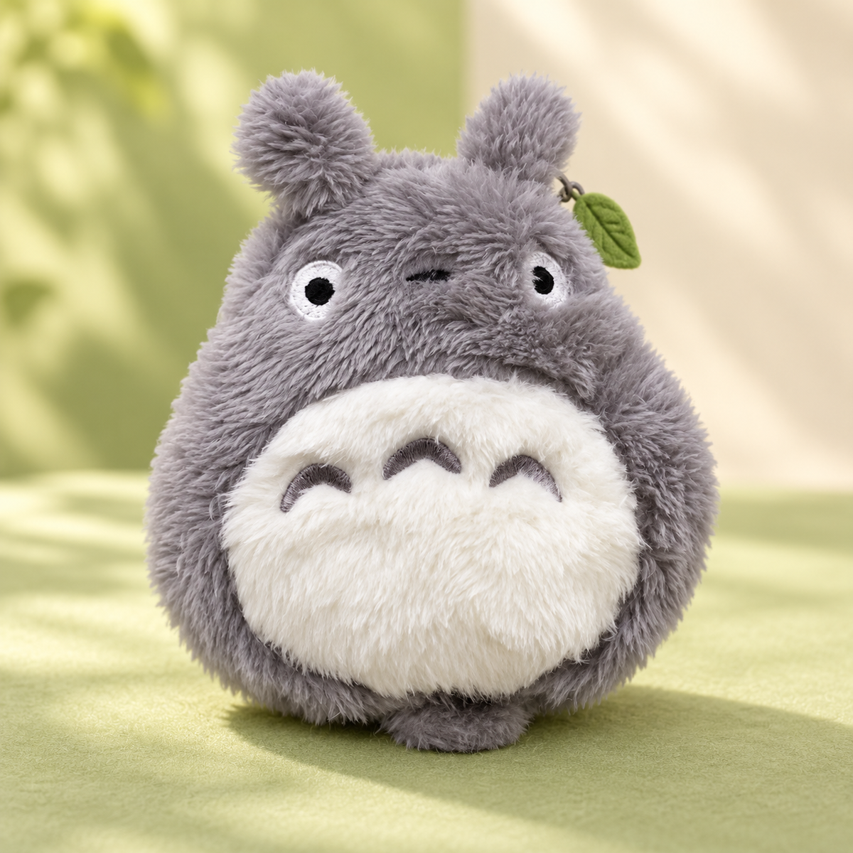 Gray Totoro plush keychain wallet front with white belly and green leaf charm