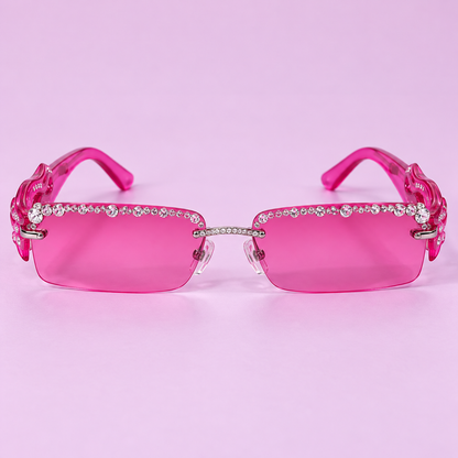 Hot-pink Gyaru sunglasses with rhinestone trim