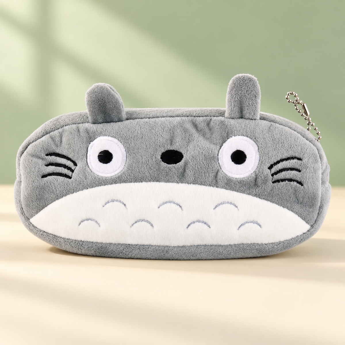 Totoro plush pencil case front with gray fur and white belly