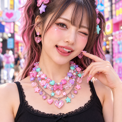 Pastel Harajuku layered bead necklace styled with a black top