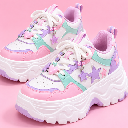 Detail of pastel panels and charms on chunky Harajuku platform sneakers