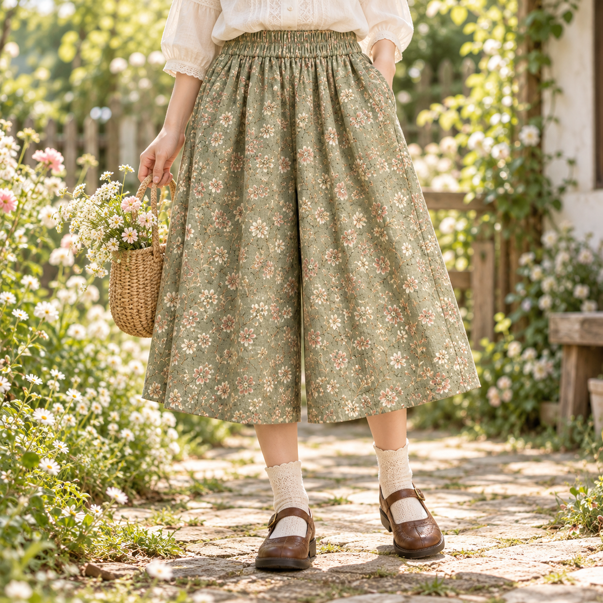 Sage floral Mori Kei culottes styled with a cream blouse in a garden