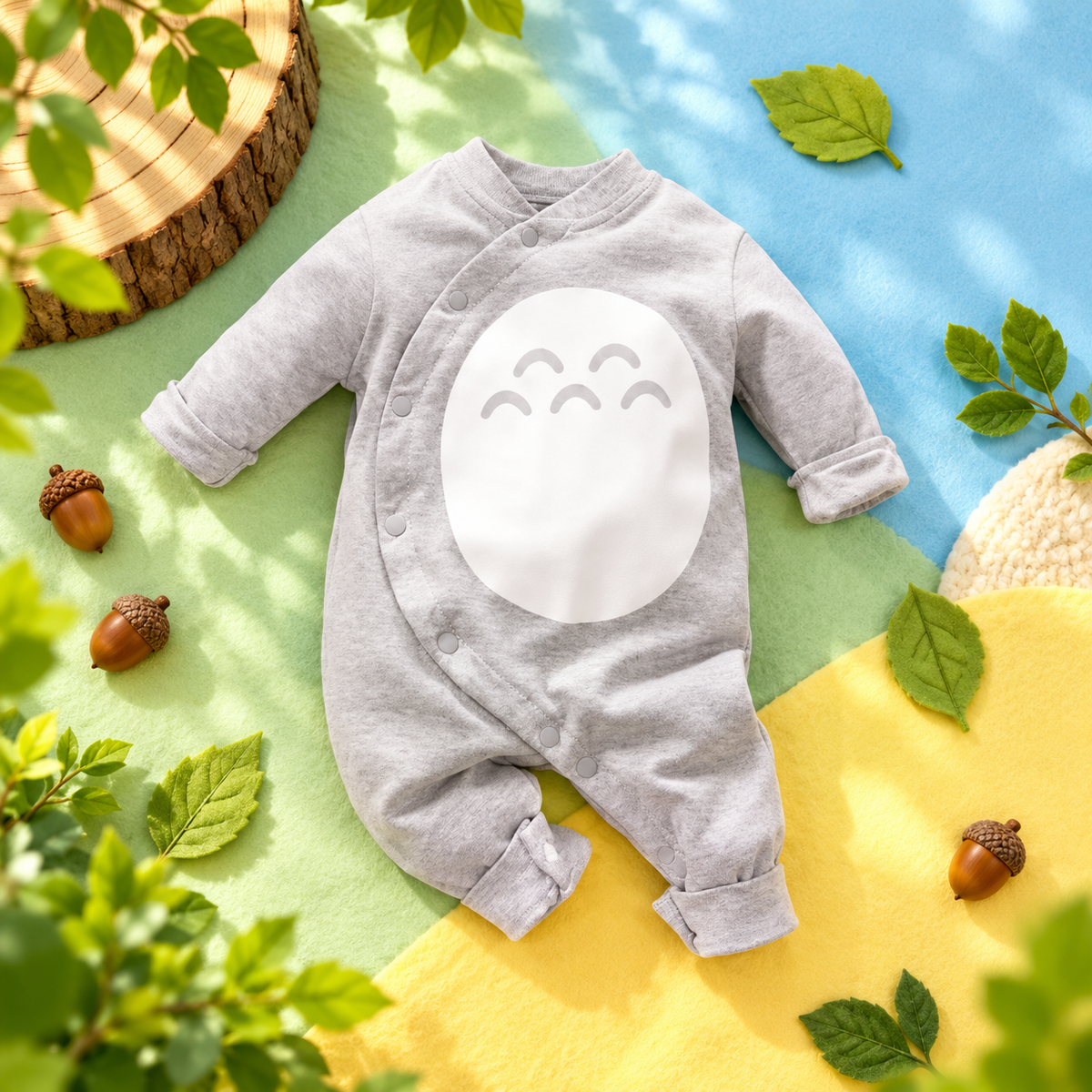 Vibrant front view of the light-gray Totoro-inspired baby romper