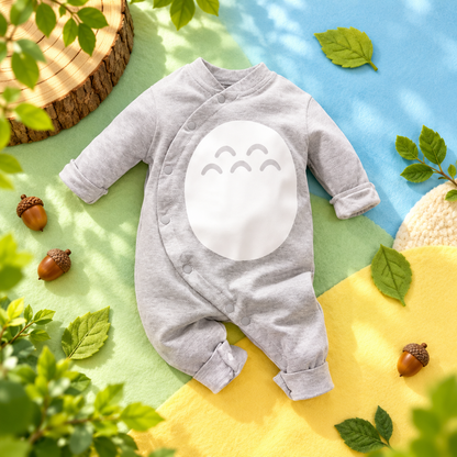 Vibrant front view of the light-gray Totoro-inspired baby romper