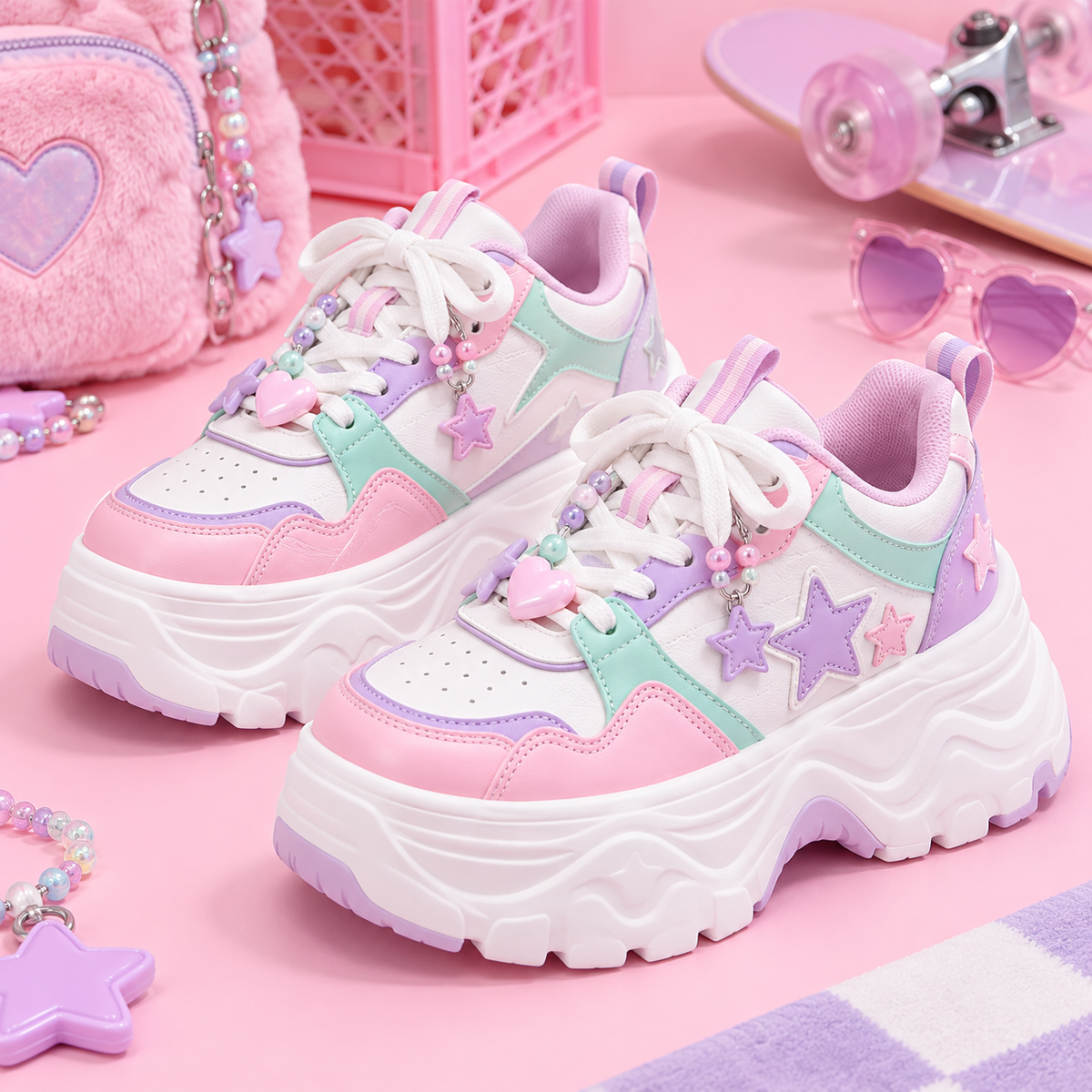 White Harajuku platform sneakers with pastel panels and star patches