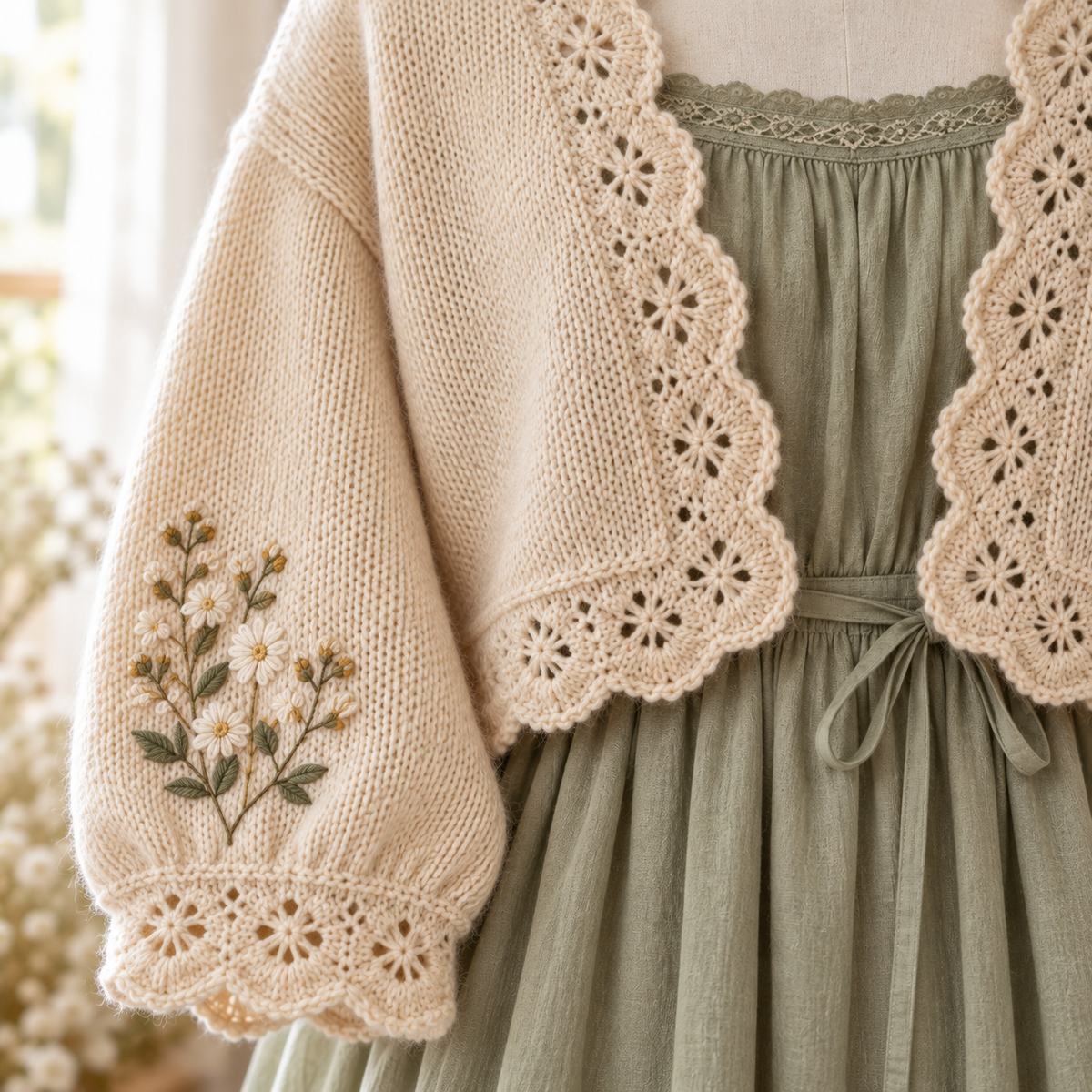 Detail of scalloped edge and flower embroidery on an oatmeal Mori Kei shrug