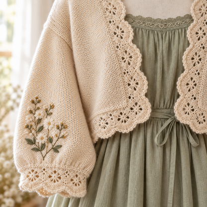 Detail of scalloped edge and flower embroidery on an oatmeal Mori Kei shrug