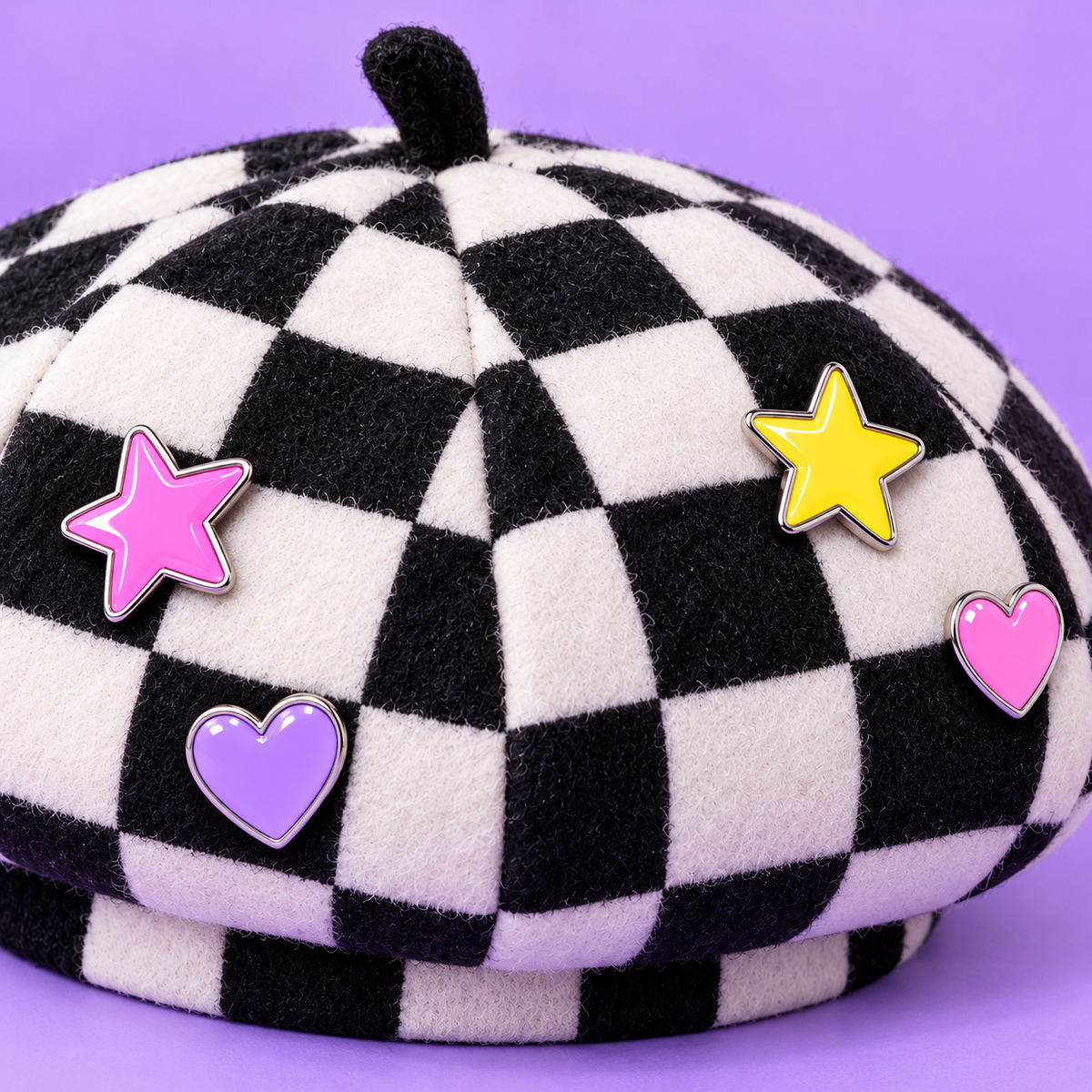 Detail of colorful pins on a checkerboard Harajuku beret