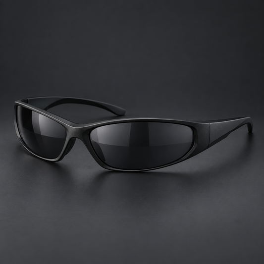 Matte black wraparound techwear sunglasses with smoke-tinted lenses