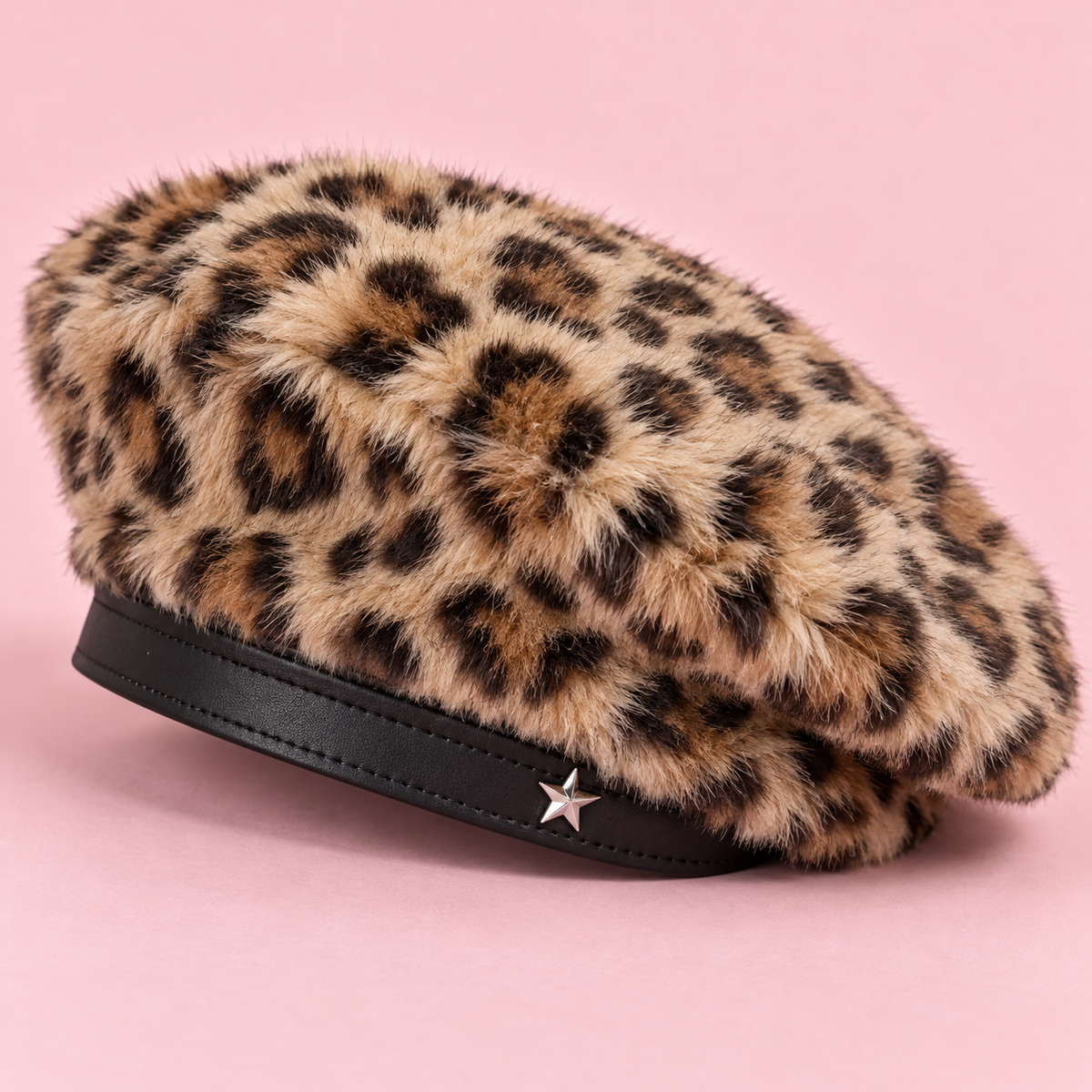 Close-up of leopard texture and star pin on the Gyaru beret
