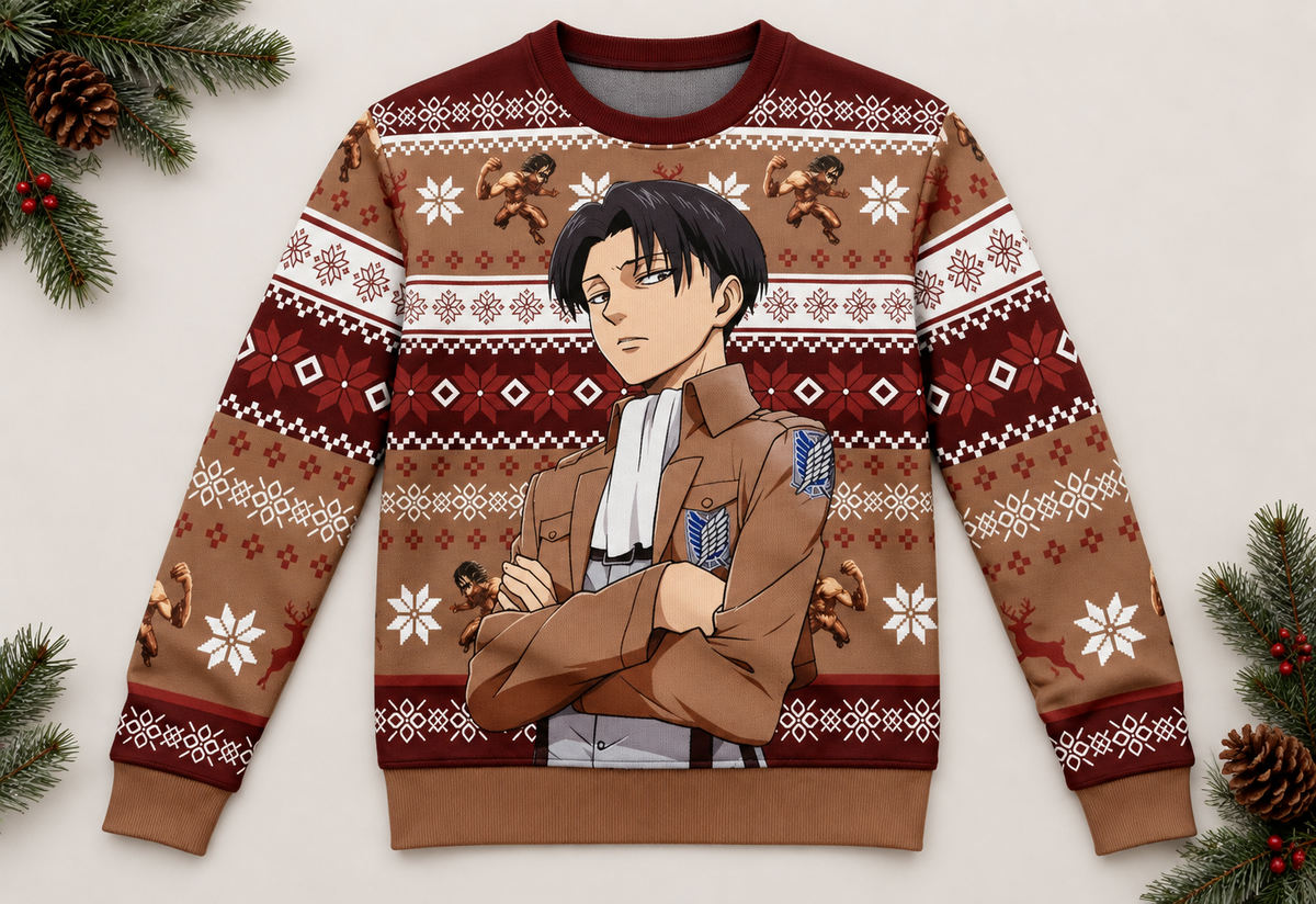 Levi sweater arranged in a professional holiday flat lay