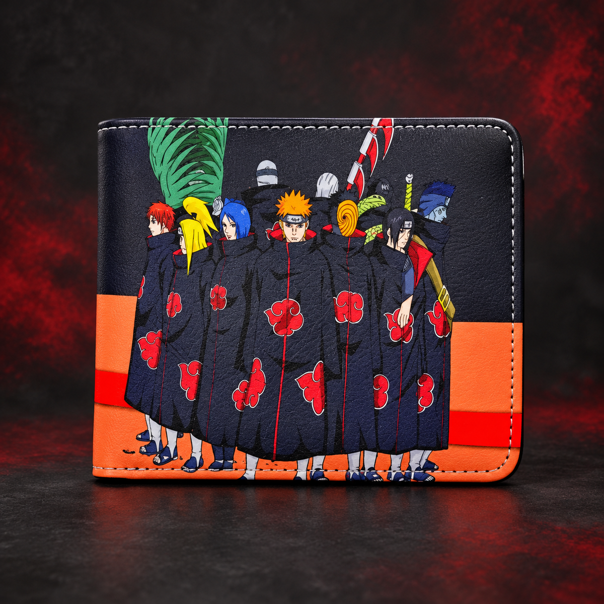 Akatsuki Members wallet front view with dark cloaks and red cloud pattern