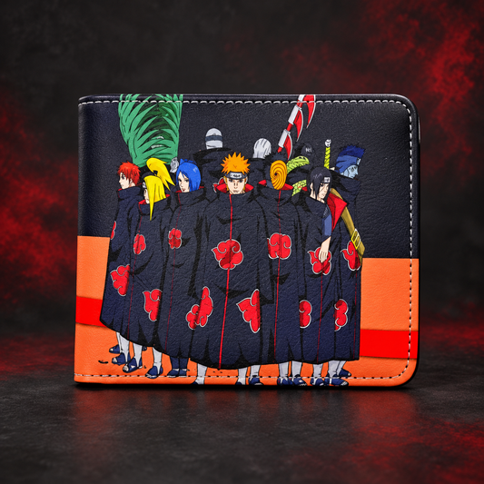 Akatsuki Members wallet front view with dark cloaks and red cloud pattern