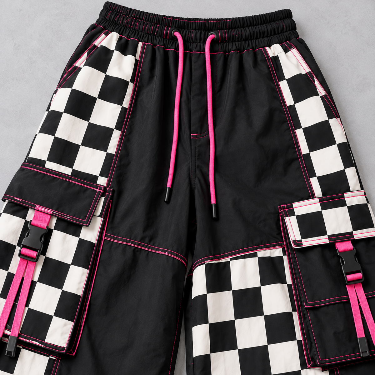 Detail of checkerboard panels and cargo pockets on Harajuku pants