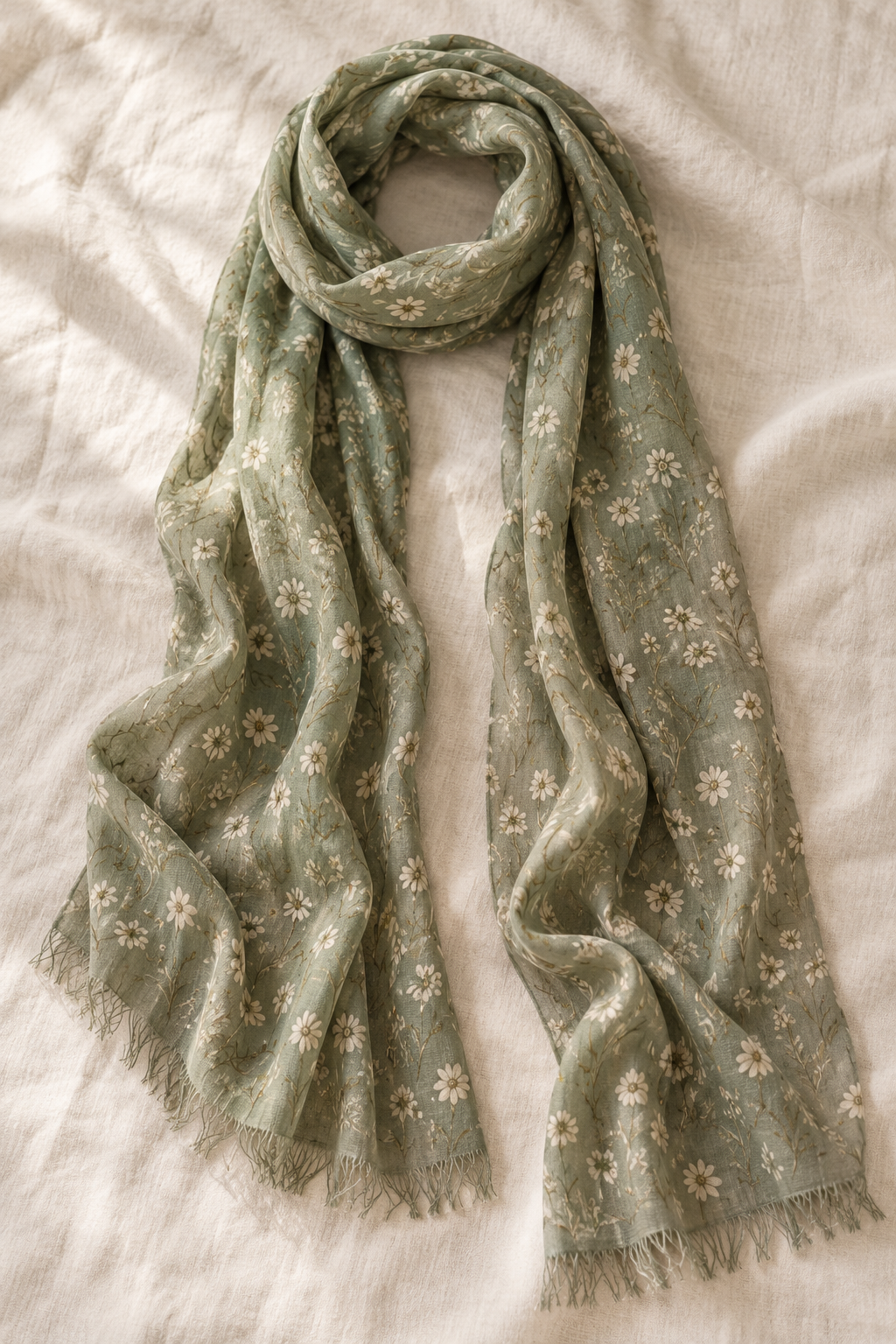 Sage Mori Kei scarf with cream wildflower print and fringe