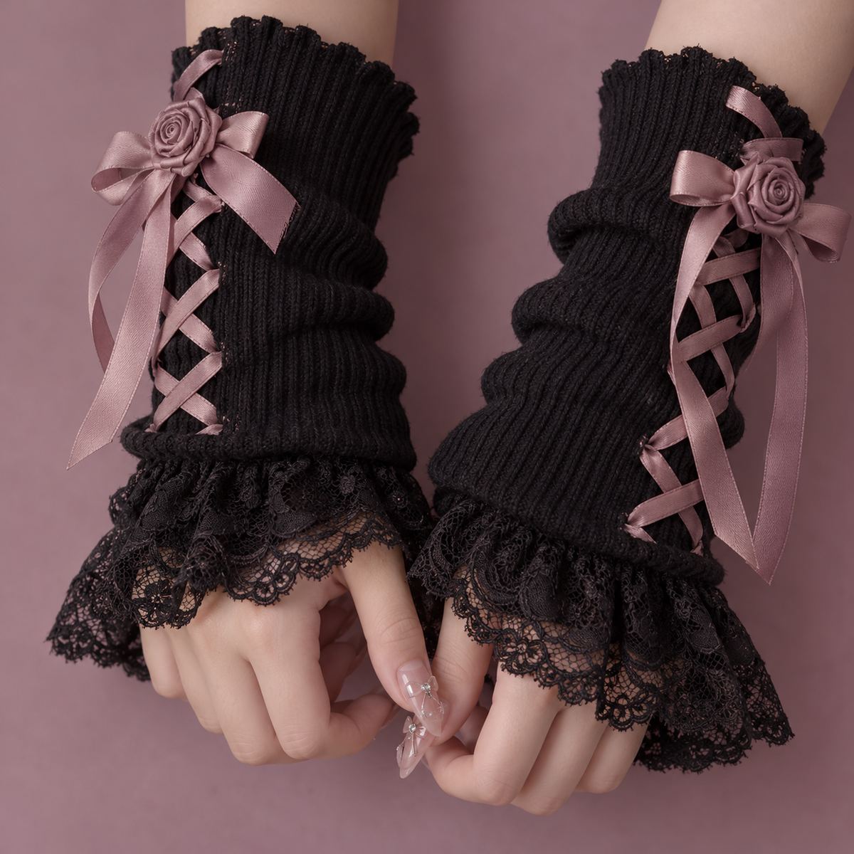 Close detail of Jirai Kei wrist warmers with ribbons and lace