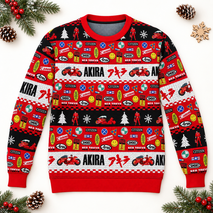 Model wearing the Akira holiday sweater with red, white and black graphic bands
