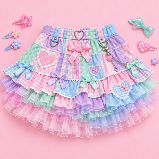 Pastel Decora Harajuku mini skirt with patchwork, bows, and layered ruffles