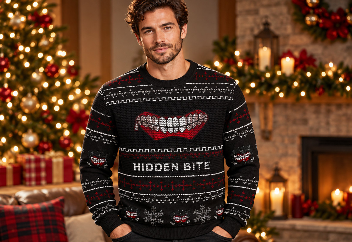 Ghoul Bite sweater worn in a professional holiday studio photoshoot