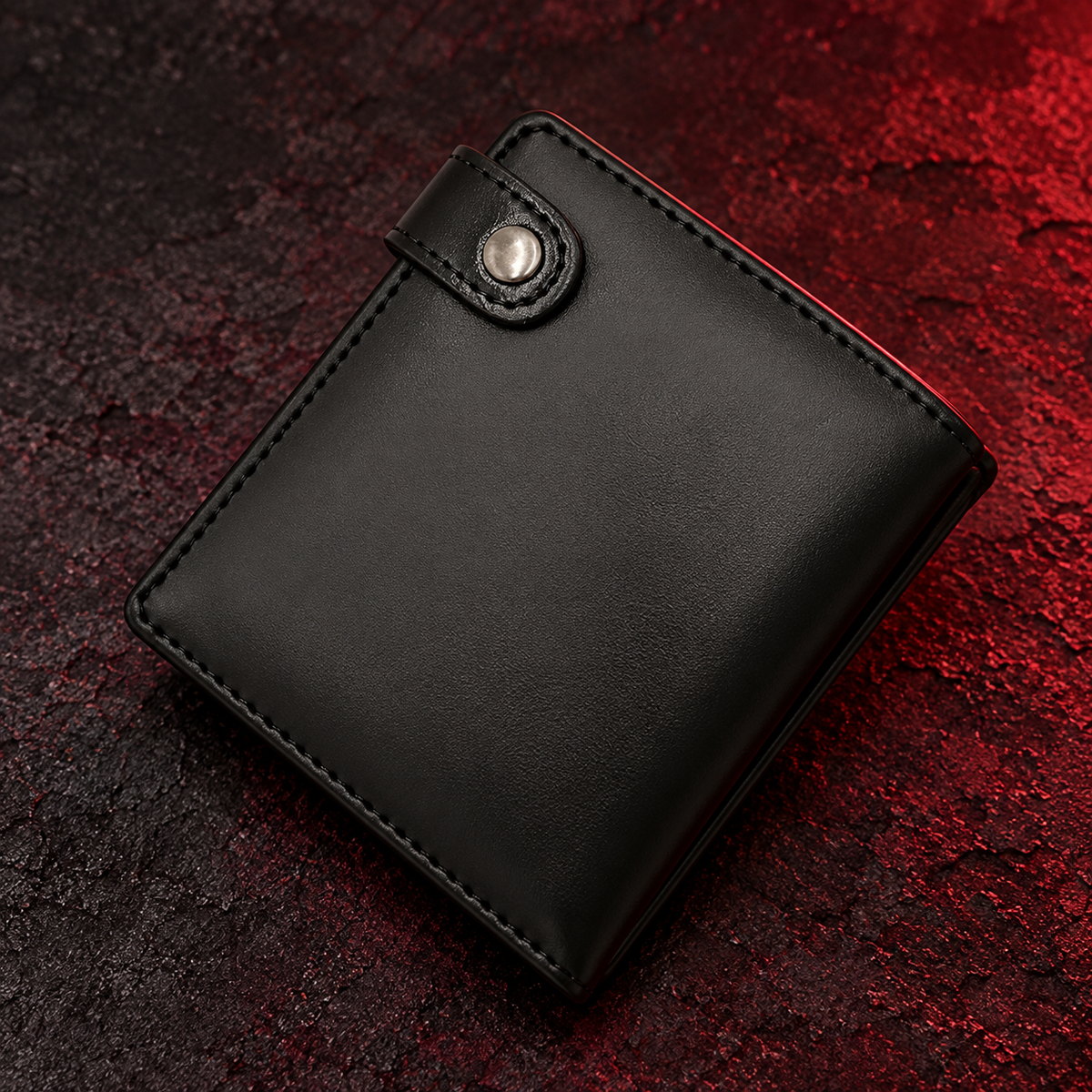 Back of the Leather Death Note Wallet showing black snap tab and stitched PU leather