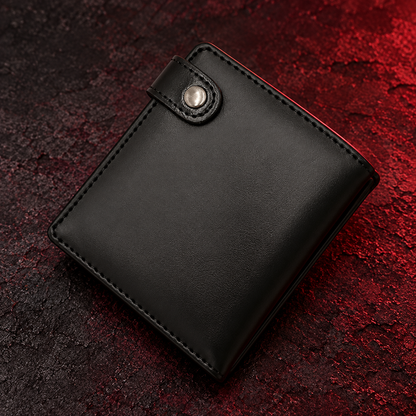 Back of the Leather Death Note Wallet showing black snap tab and stitched PU leather