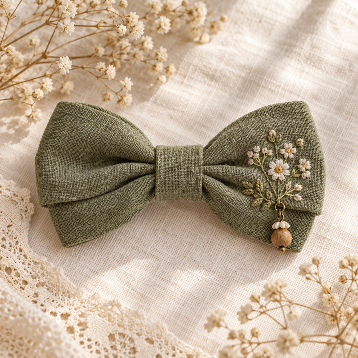 Olive-green Mori Kei bow barrette with embroidered wildflowers and bead detail