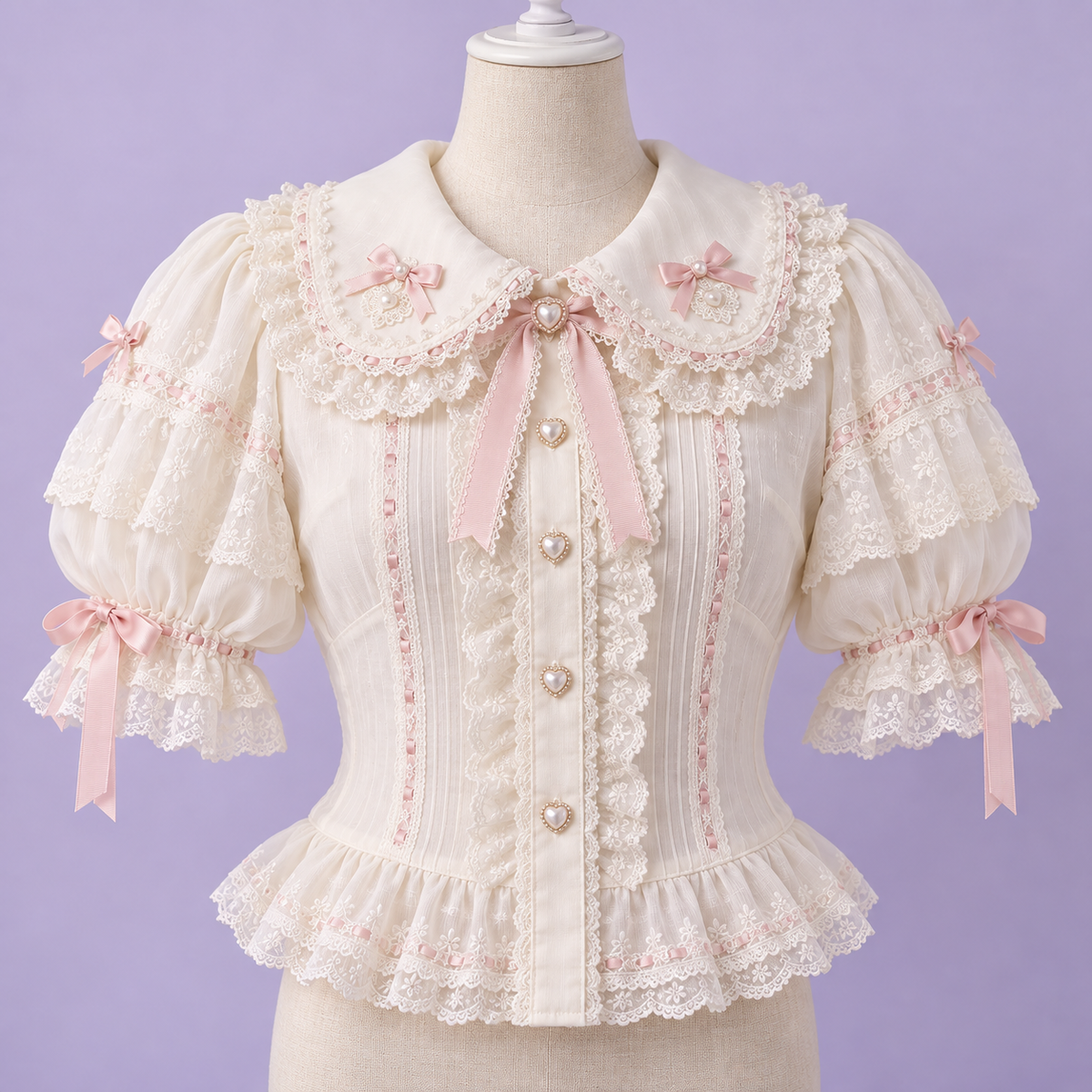 Ivory Harajuku blouse with lace collar, puff sleeves, and blush ribbon details