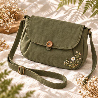 Close-up of wildflower embroidery and flap on olive Mori Kei satchel