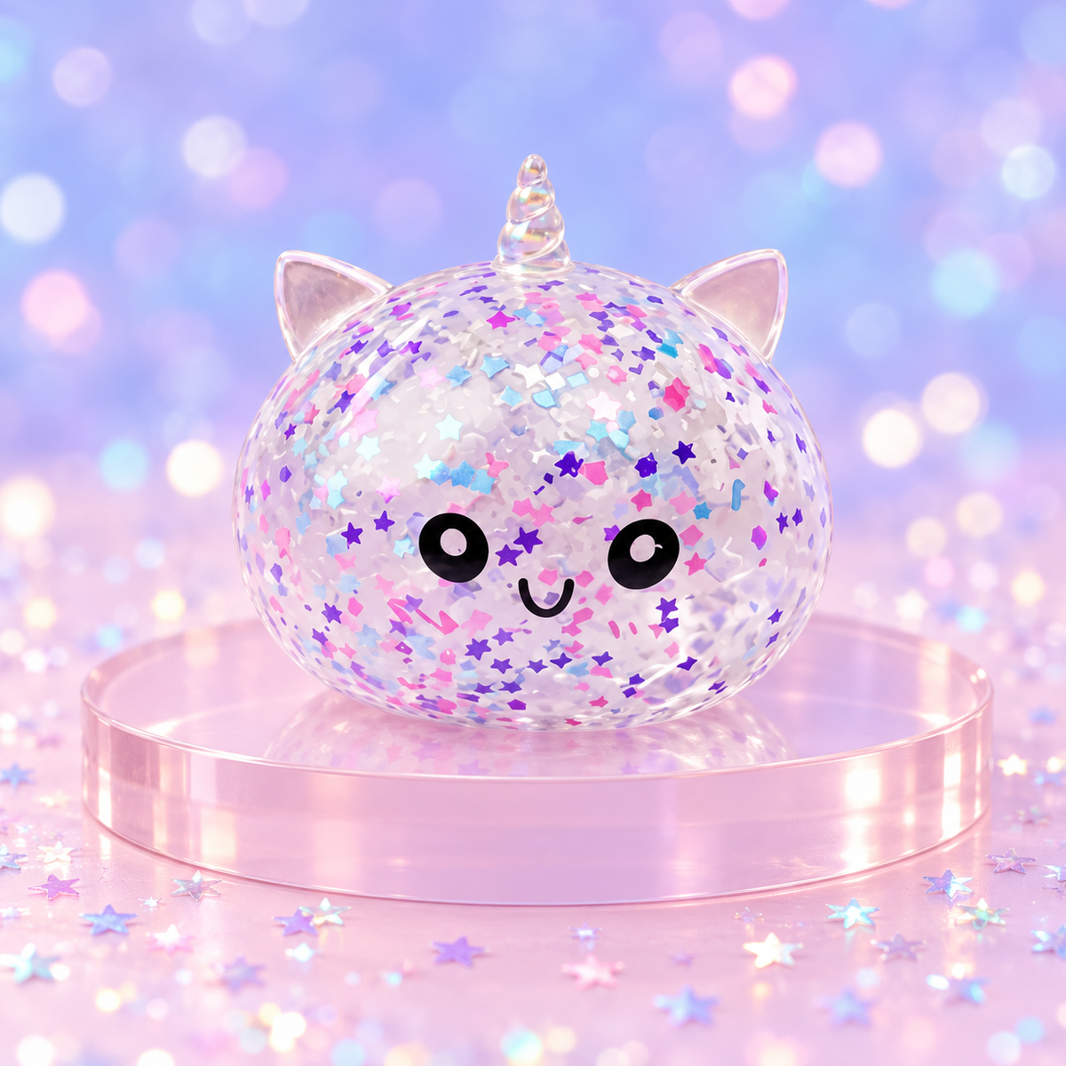 Elevated product view of Stardust Unicorn Sparkle dumpling squishy on a pastel display
