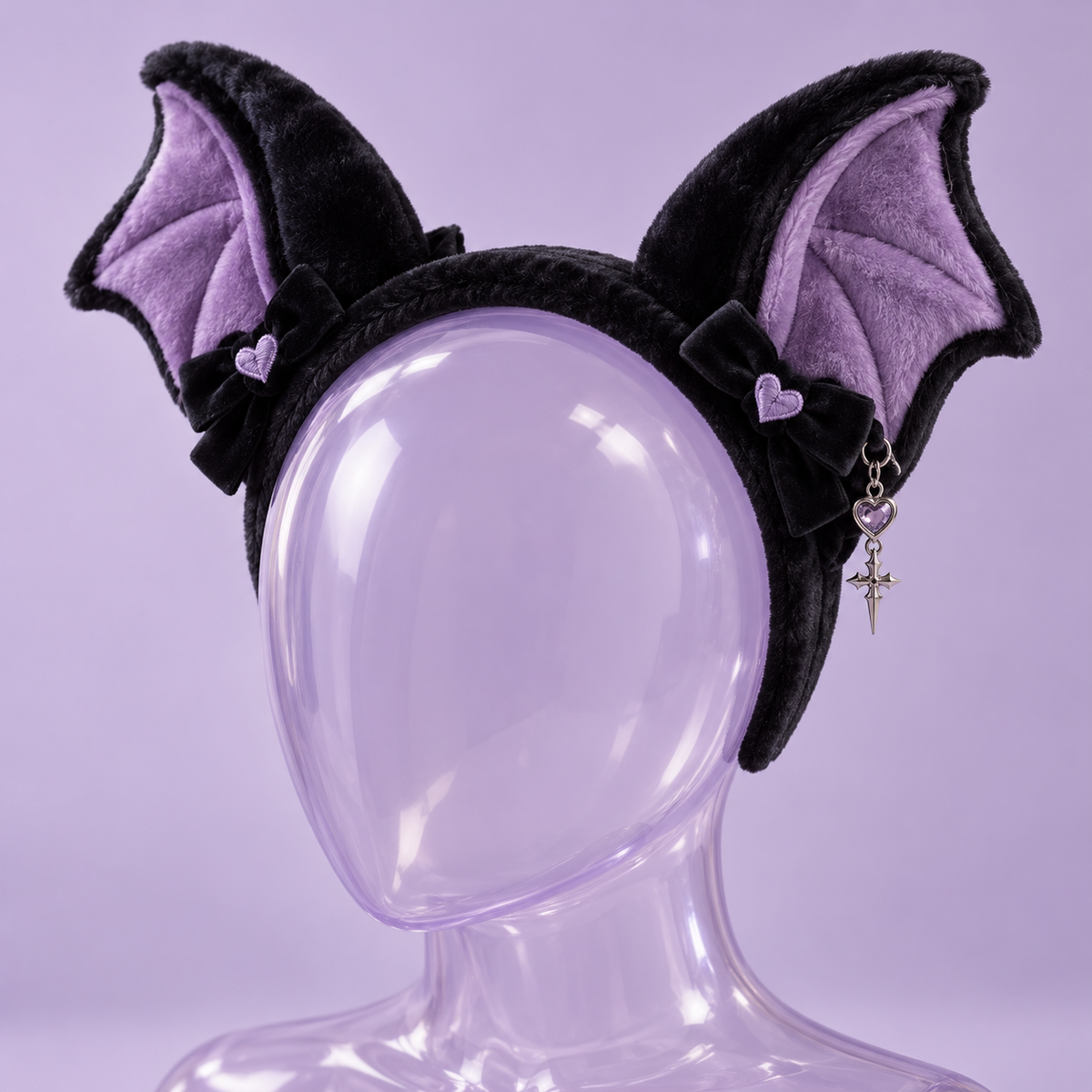 Black plush bat ear headband with lavender lining and heart detail