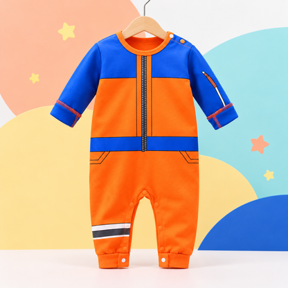 Shinobi onesie displayed on a hanger in a colorful studio
