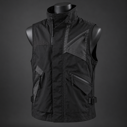 Black sleeveless techwear utility vest with high collar and zip pockets