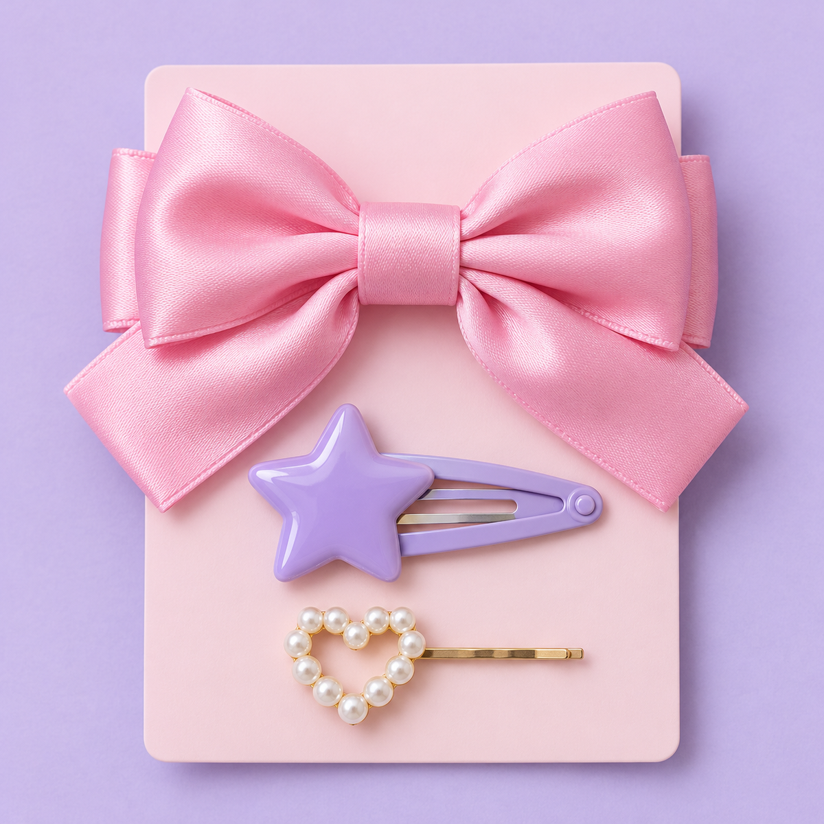 Set of pastel pink bow, lavender star, and pearl heart Harajuku hair clips